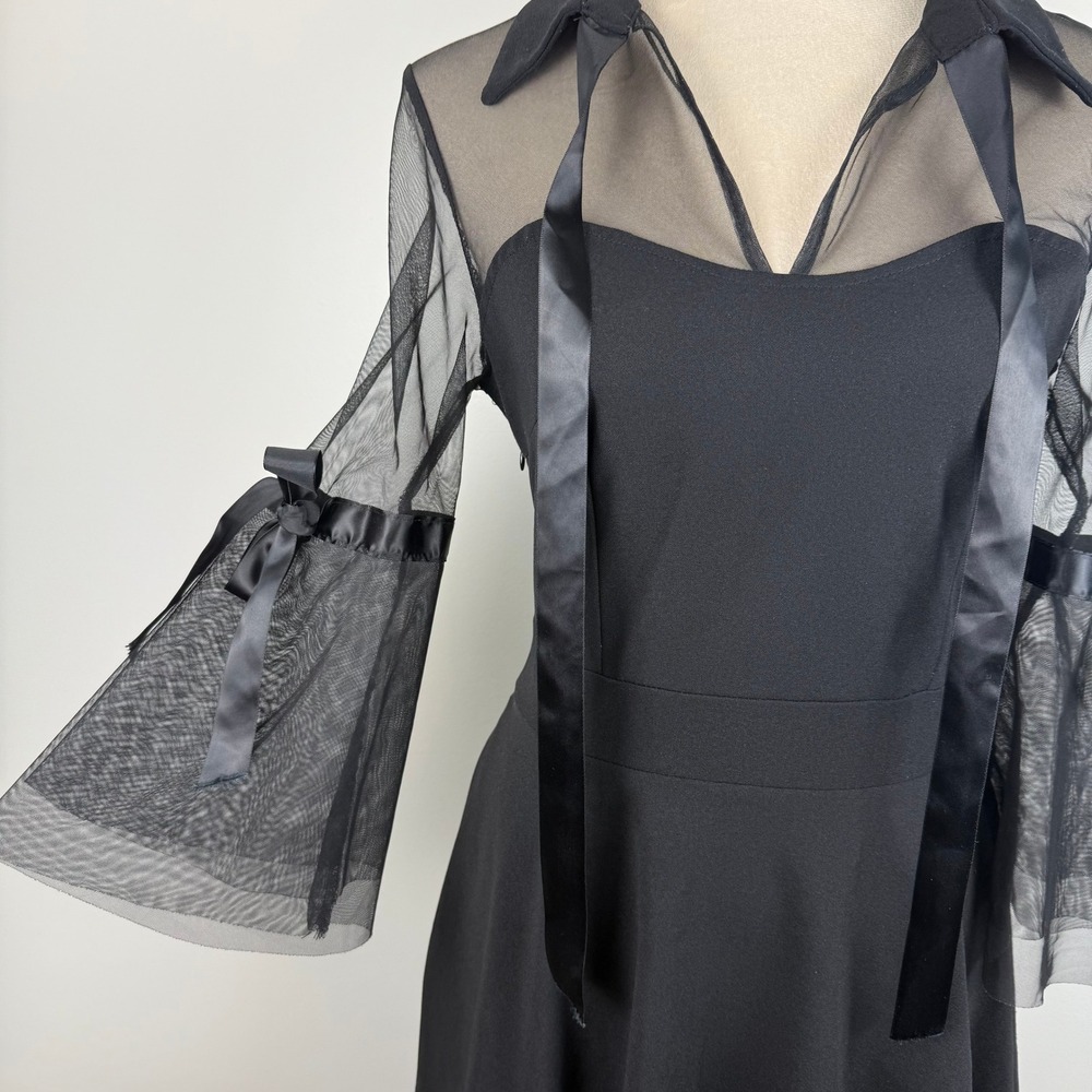 Black Mesh Sheer Bell Sleeve Gothic Dress Satin Ribbon Tie Bows Mini Size Large - Picture 4 of 10